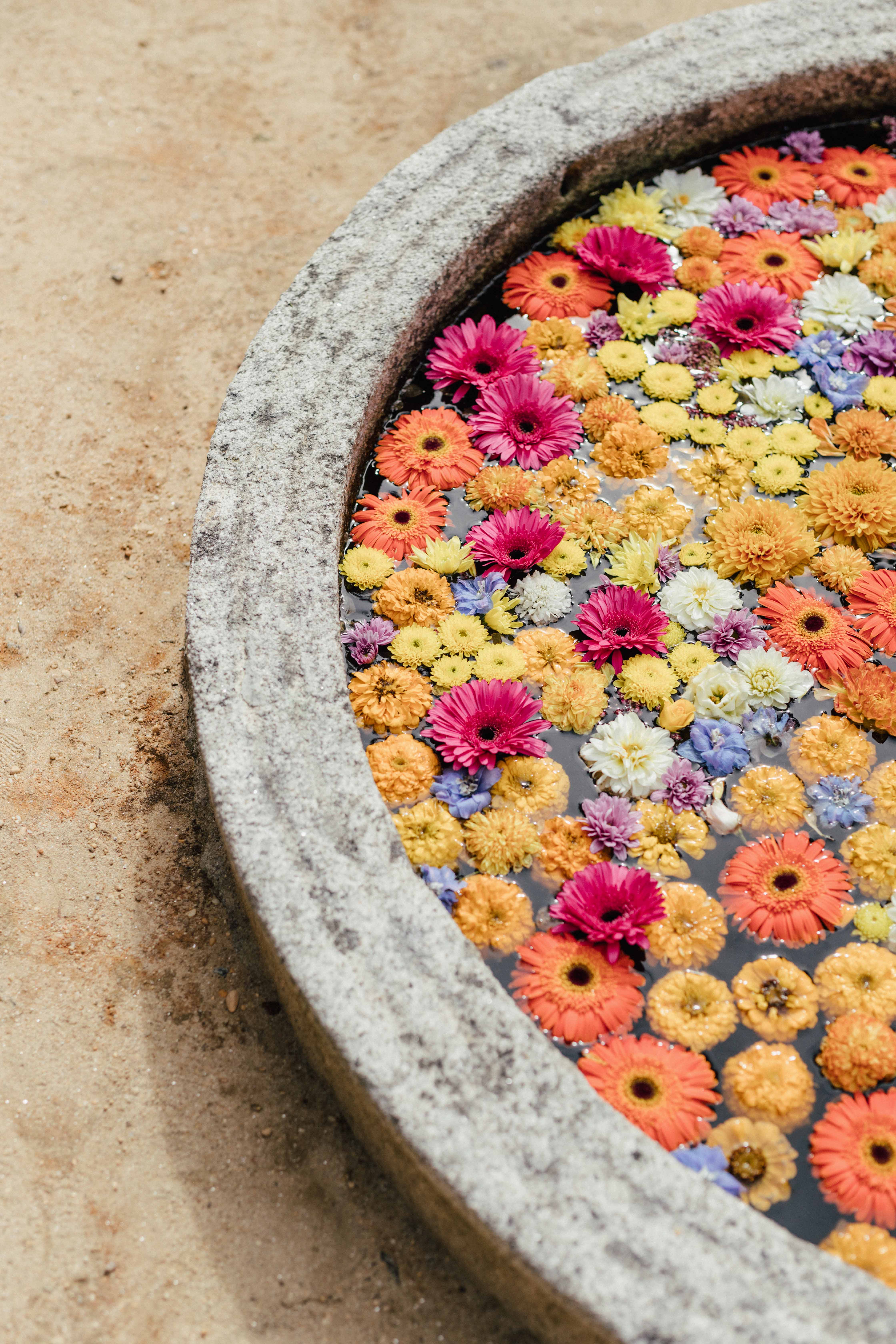 Taça de granito com flores flutuantes em fúchsia, laranja, amarelo e branco, à entrada da cerimónia