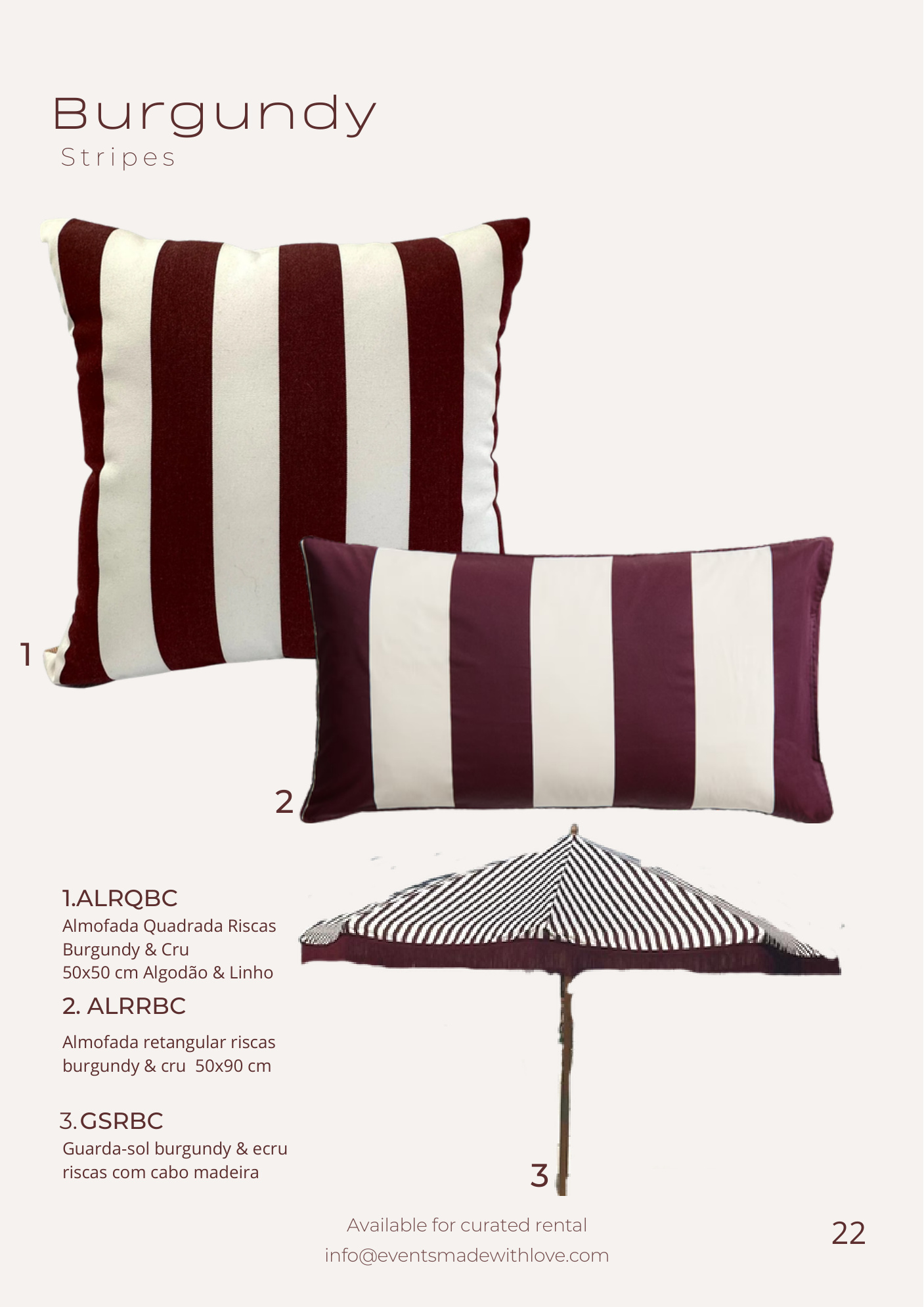 Almofadas de riscas burgundy e cru, da colecção Burgundy Stripes